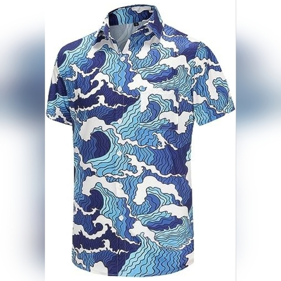 KYKU Men's Button Down Short Sleeve Shirt, One Pocket | Ocean Blue & White - Picture 4 of 9